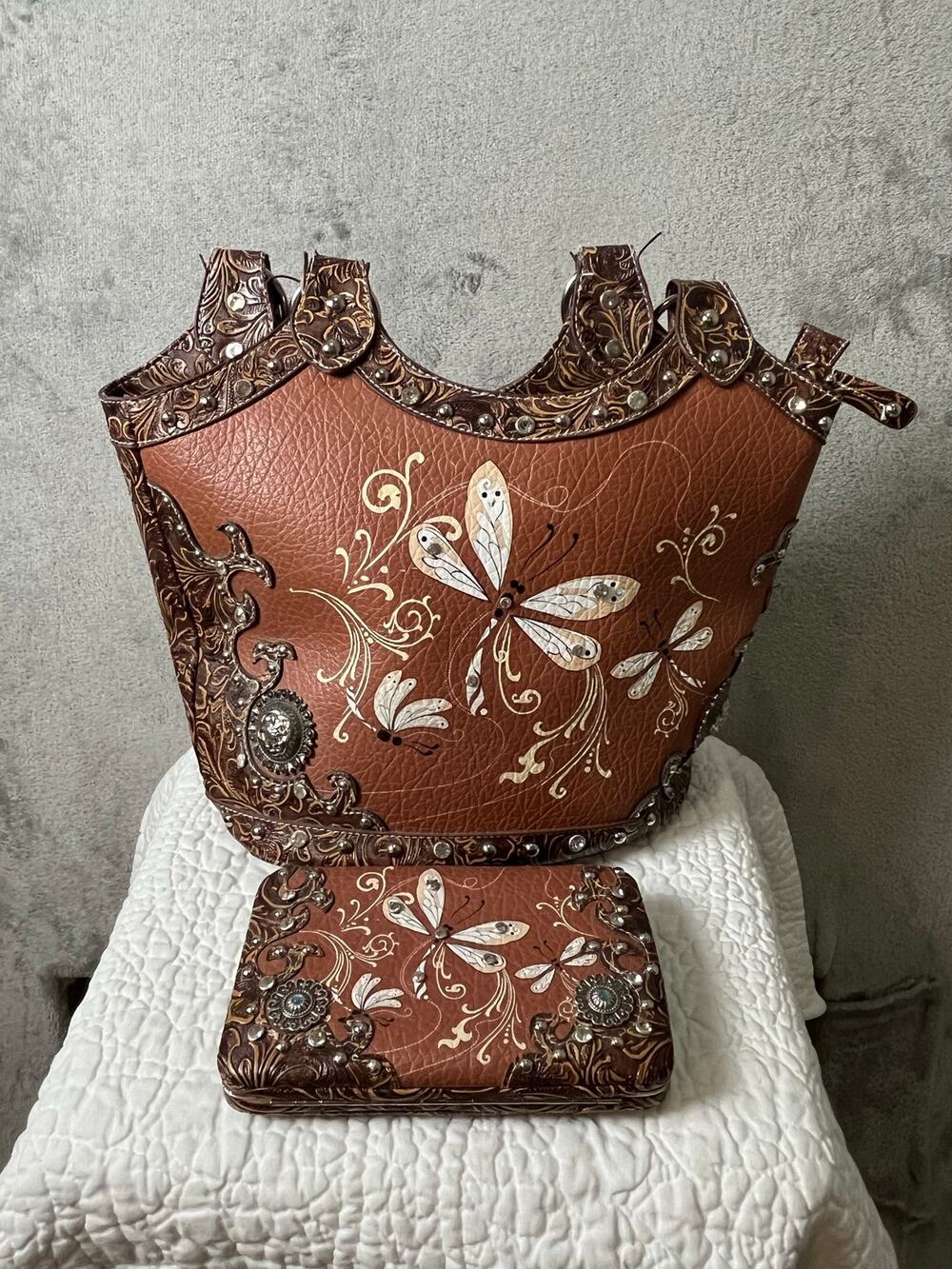 Western Dragonfly Studded Shoulder Bag Wallet Set Tooled Boho Cowgirl Purse